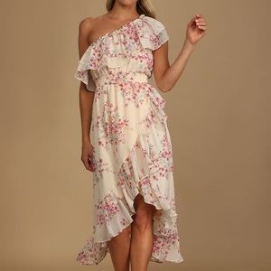 Cream Floral Printed High-Low Ruffled Dress